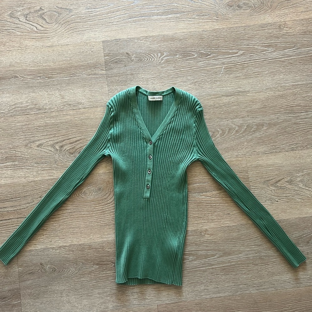 Green Ribbed V-Neck Sweater